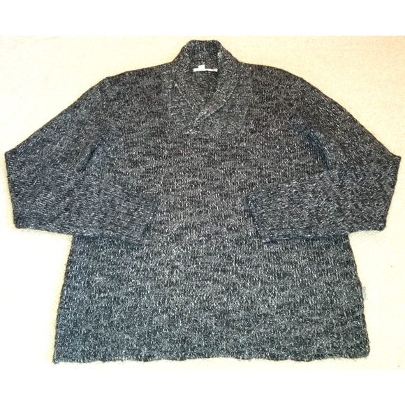 Mens Sweater-CALVIN KLEIN-black/grey marled wool/alpaca V-neck shawl collar-XL - Picture 1 of 4